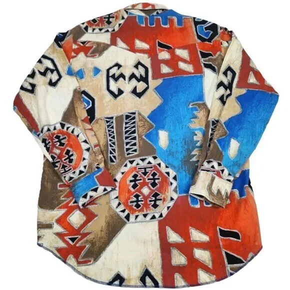 Wrangler Western Shirt Mens 17-35 Aztec Abstract‎ Print Vintage Brushpopper 90s